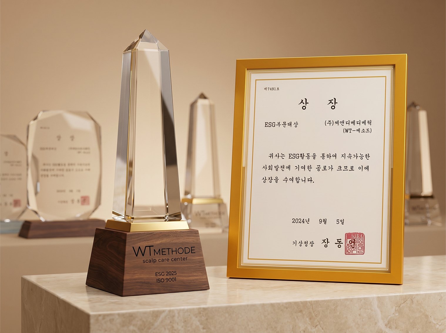 WT-METHODE 수상 트로피와 상장